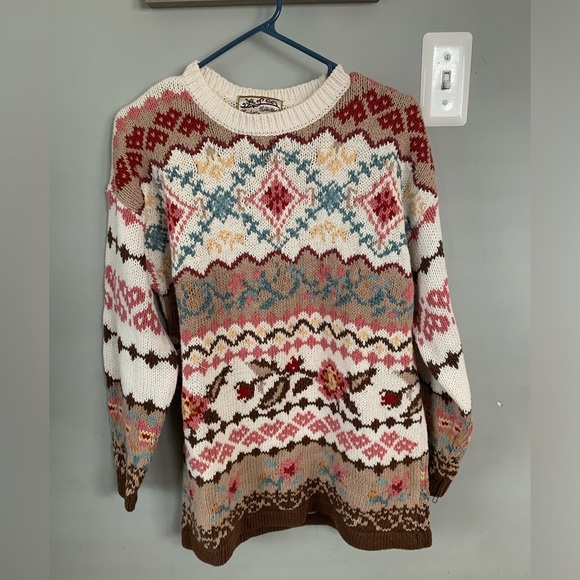 Vintage Heirloom Collectibles Cream and Brown Nordic Crew Neck Sweater - Picture 1 of 3